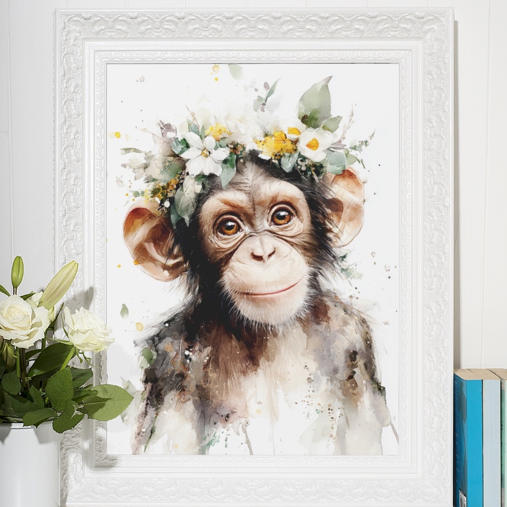 Watercolor Floral Monkey Portrait Wall Art Print Unframed - Playful Jungle Charm - Picture 6 of 6